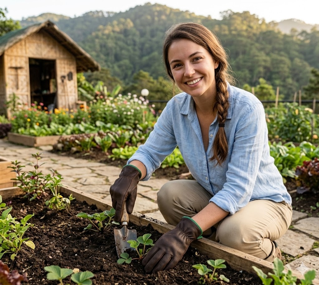 Gants de jardinage premium en cuir portés dans un jardin verdoyant